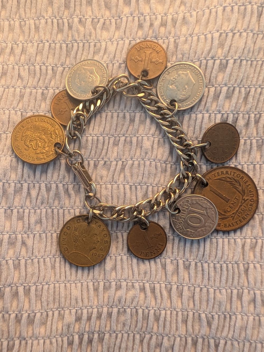 Vintage Silver-Tone Chain Bracelet with Brown & Copper Coin Charms